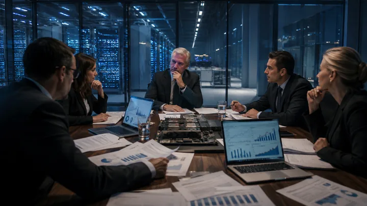Imagem de capa analítica com data center financiado por pilhas de títulos corporativos, formato 16:9.