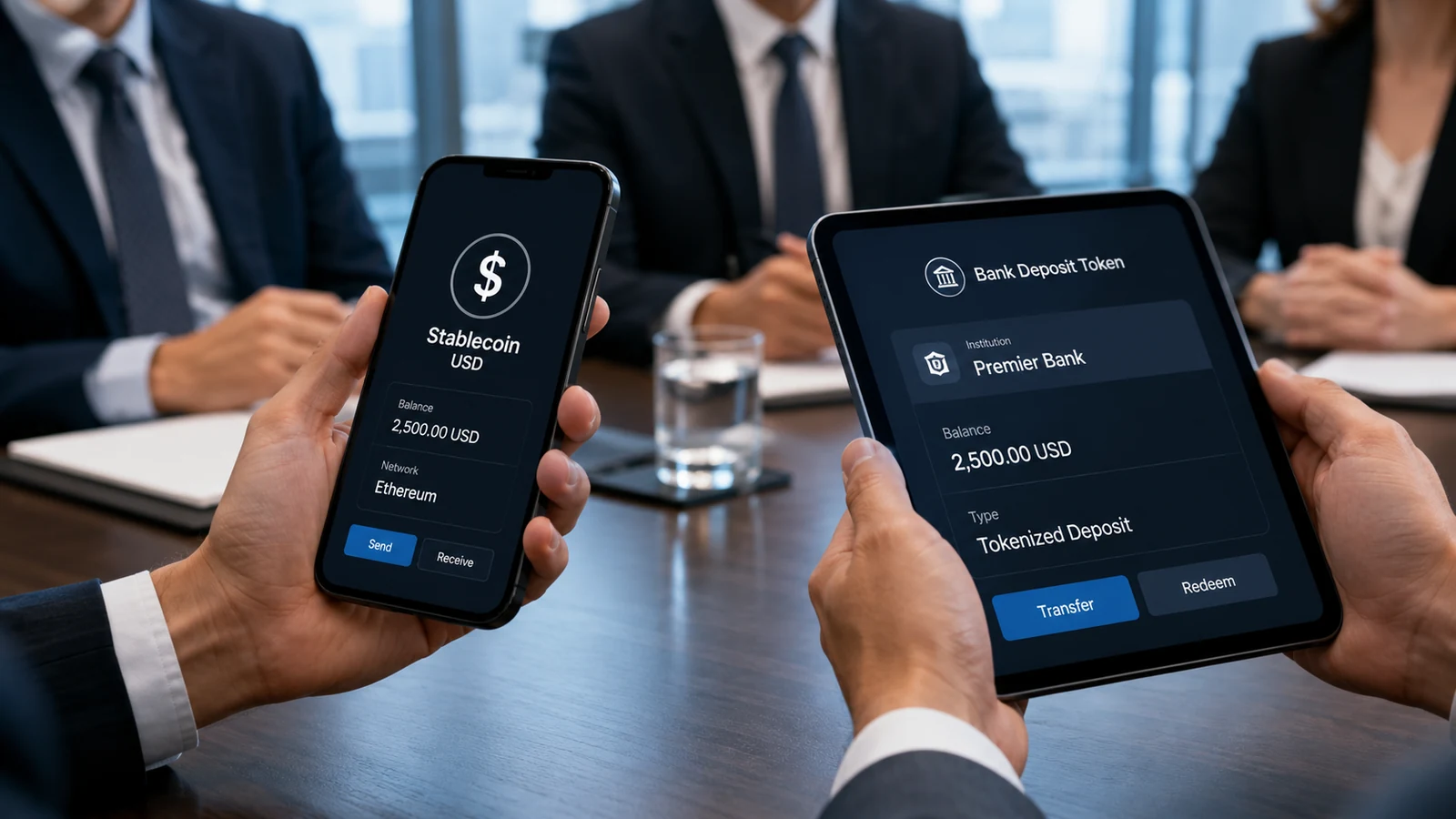Imagem de capa analítica com stablecoin e depósito bancário tokenizado em lados opostos, formato 16:9.