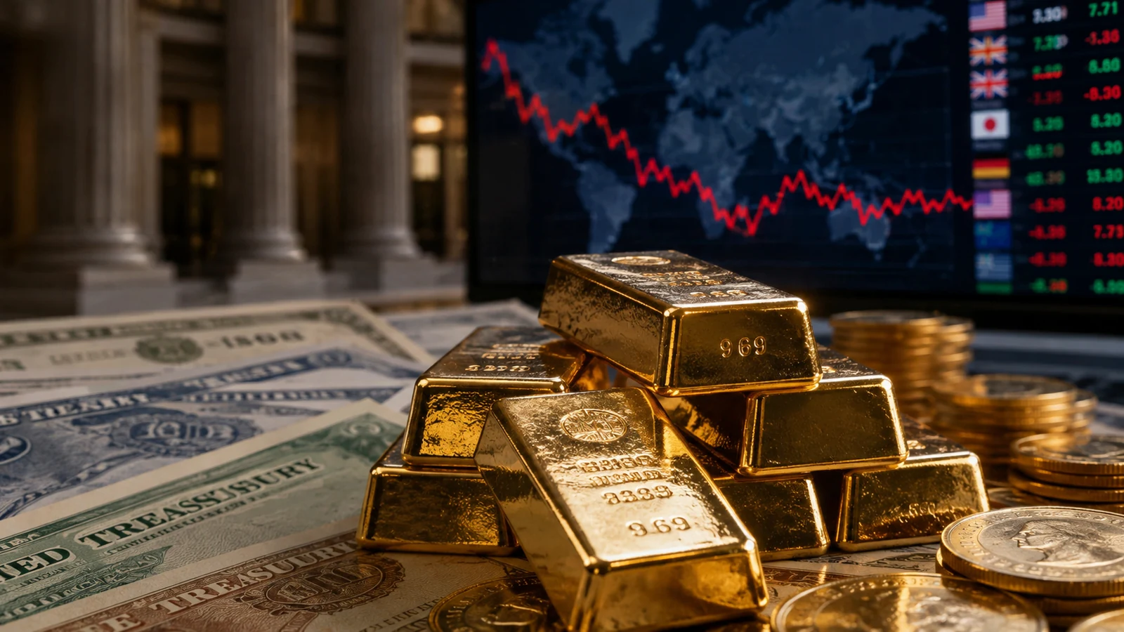 Imagem de capa analítica com ouro, moedas globais e dívida pública, formato 16:9.