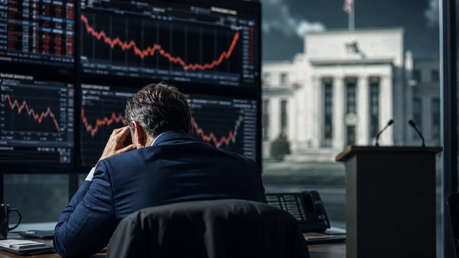 Imagem de capa analítica com microfone do Fed diminuindo e curva de juros subindo, formato 16:9.