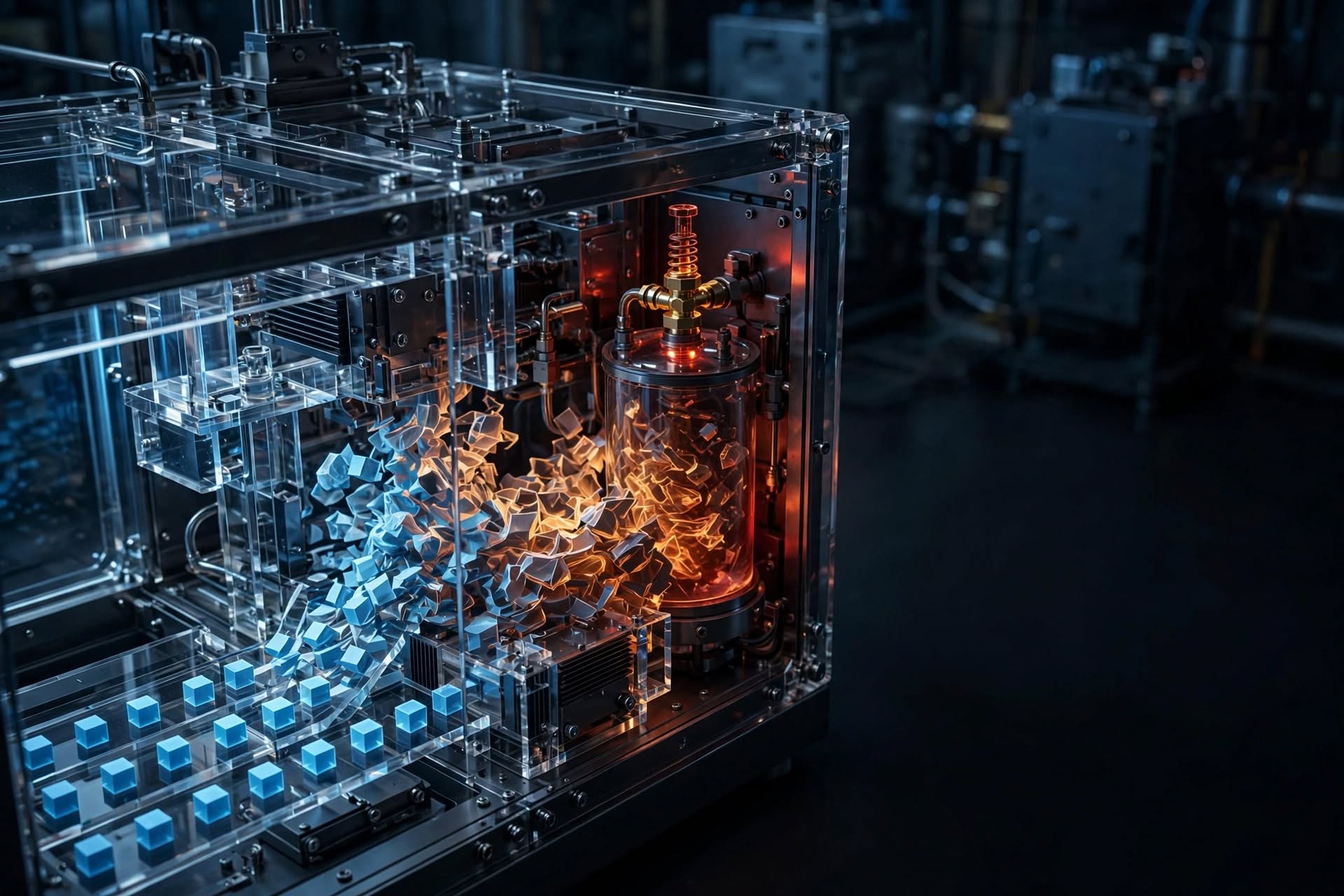 Máquina transparente processa fluxo irregular de tokens luminosos, pressionando uma câmara de medição.