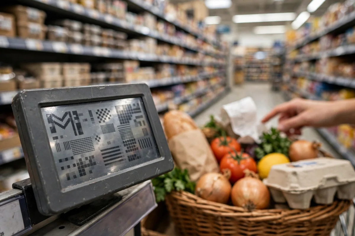 Etiqueta eletrônica de supermercado ao lado de alimentos, cesta de compras e recibo sem texto legível.